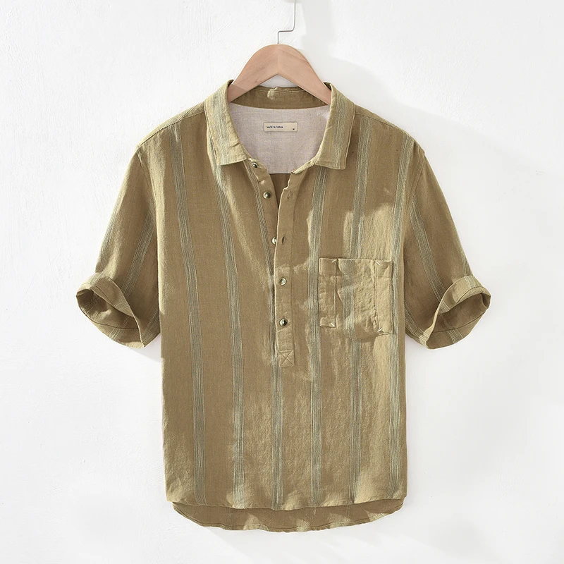 

100% Linen Men's Khaki Striped Shirt New Style Half SVE Autumn Thickened Fleece Special Wide Fit Nine Sleeve Length