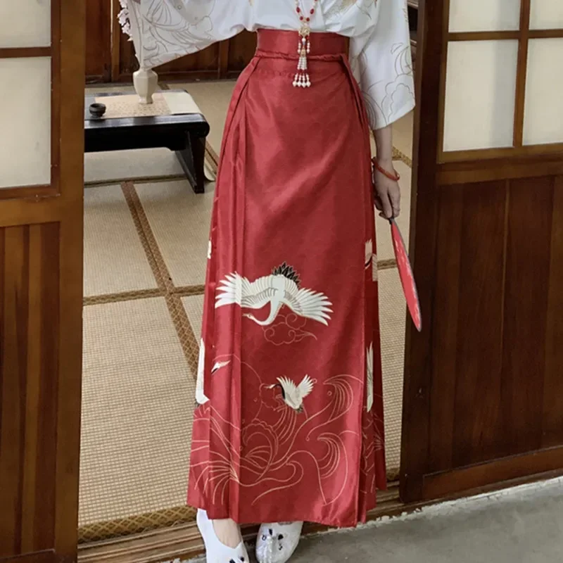 Falda de cara de caballo roja y negra para mujer, moda nacional Hanfu, estilo chino tradicional, mejorado, para viajes diarios