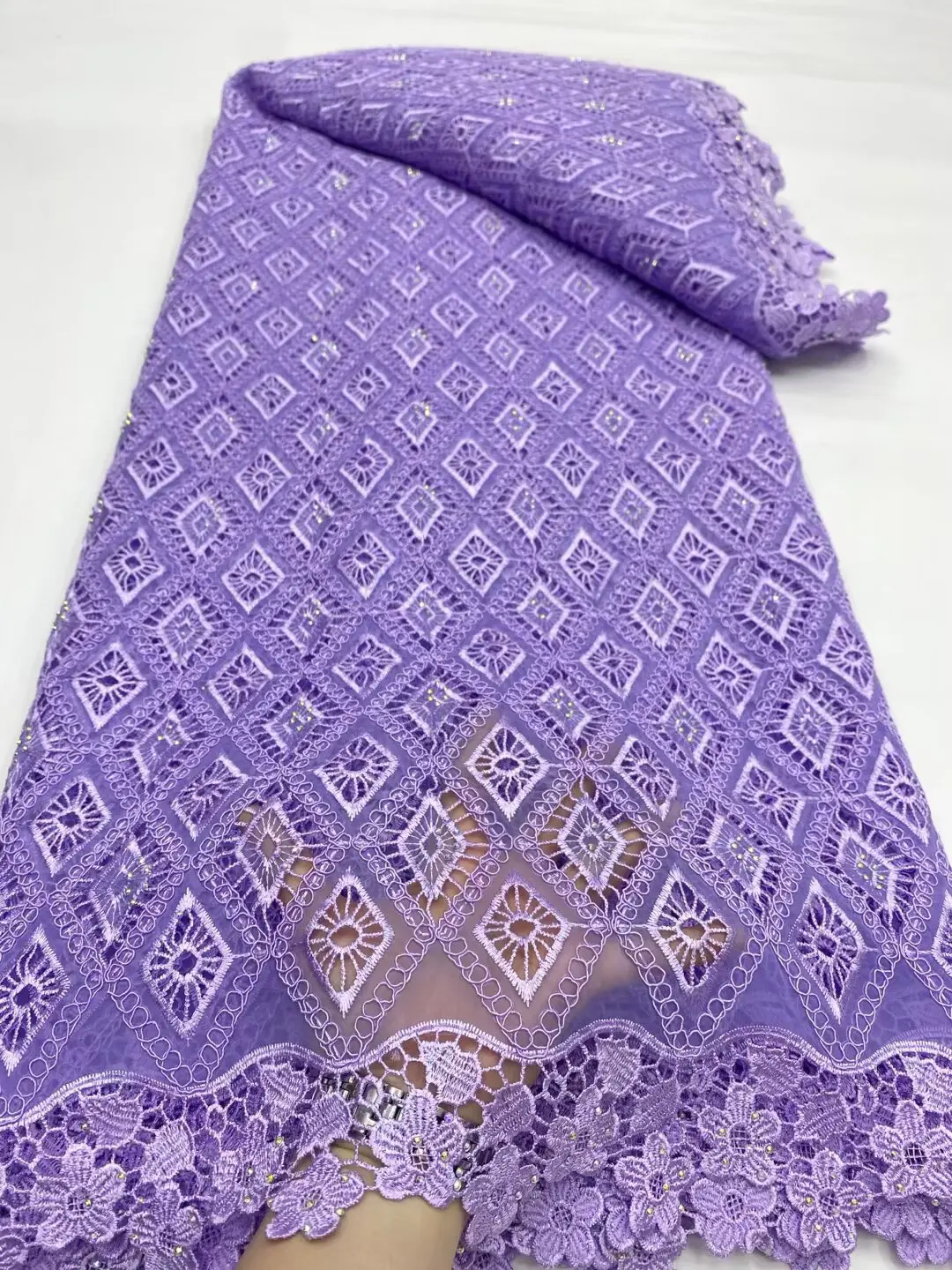 

(5yards/pc) 2025 lilac purple African voile cord lace fabric with stones classic diamond argyle Nigerian guipure lace WDP021