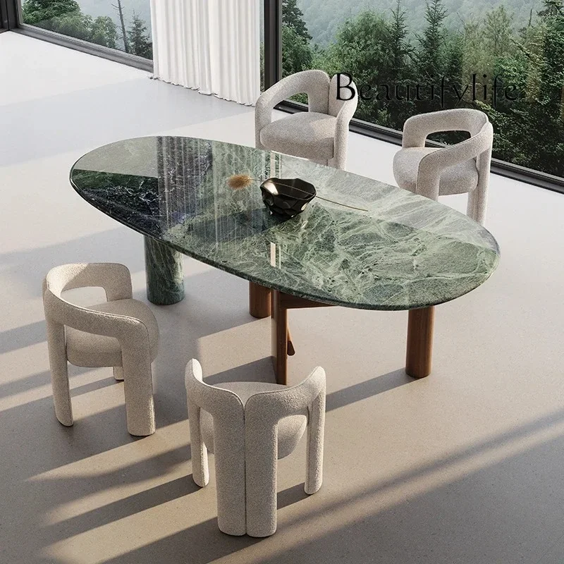 Natural marble dining table large flower green luxury stone high-end household long rice table and chair combination