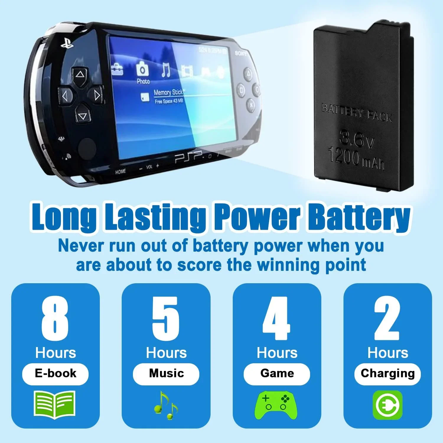 بطارية لايت، PSP 2، PSP-2000، PSP-3000، PSP-3001، PSP-3004، PSP-3008، Silm PN: PSP-S110 1200 مللي أمبير / 4.44 وات في الساعة