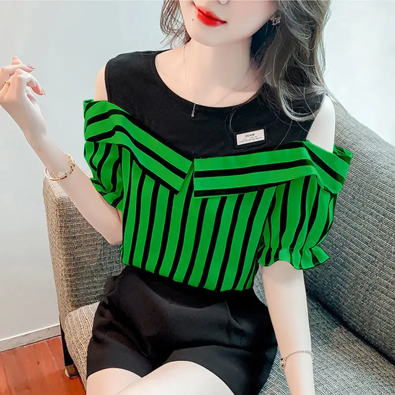 Women\'s Fashion Korean Striped Printed Off Shoulder Shirt Summer All-match Casual Two Piece Set Spliced Blouse Female Clothing