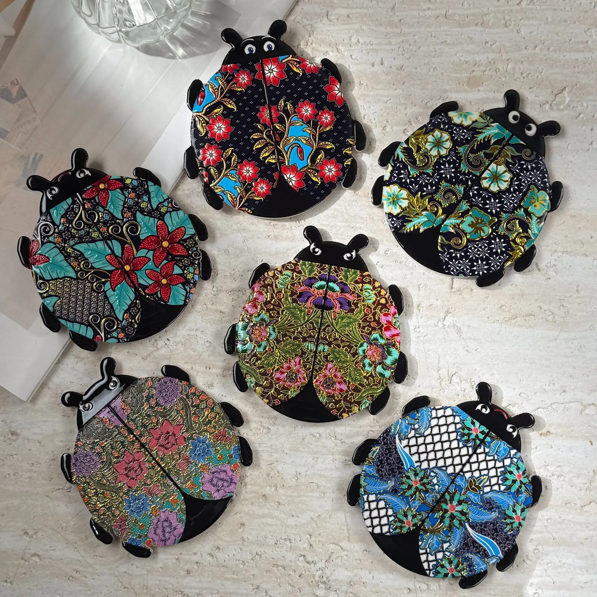 Ladybug Shaped Ceramic Coaster Floral Pattern Gold Foil Embossed Heat Resistant Non Slip Cork Back Cup Mat Table Decor