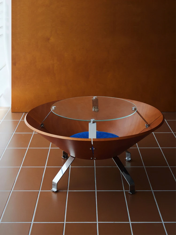Round coffee table bag glass retro low table medieval small apartment tea table living room storage