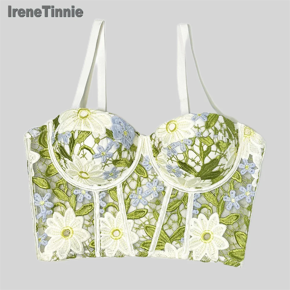 IRENE TINNIE 2024 Crop Top Sexy Green Lace Flowers Bra Push Up Bralet Women Tube Top Corset Bustier Party Lingerie Streetwear