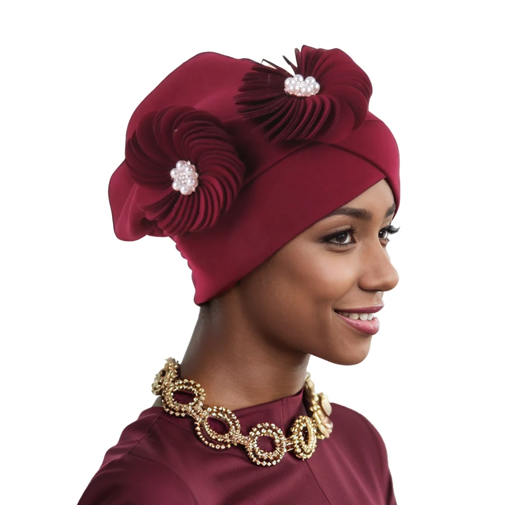

2025 New Flower Turban Cap for Women African Auto Gele Headties Muslim Hijab Bead Bonnet Headscarf Nigeria Wedding Cap Head Wrap