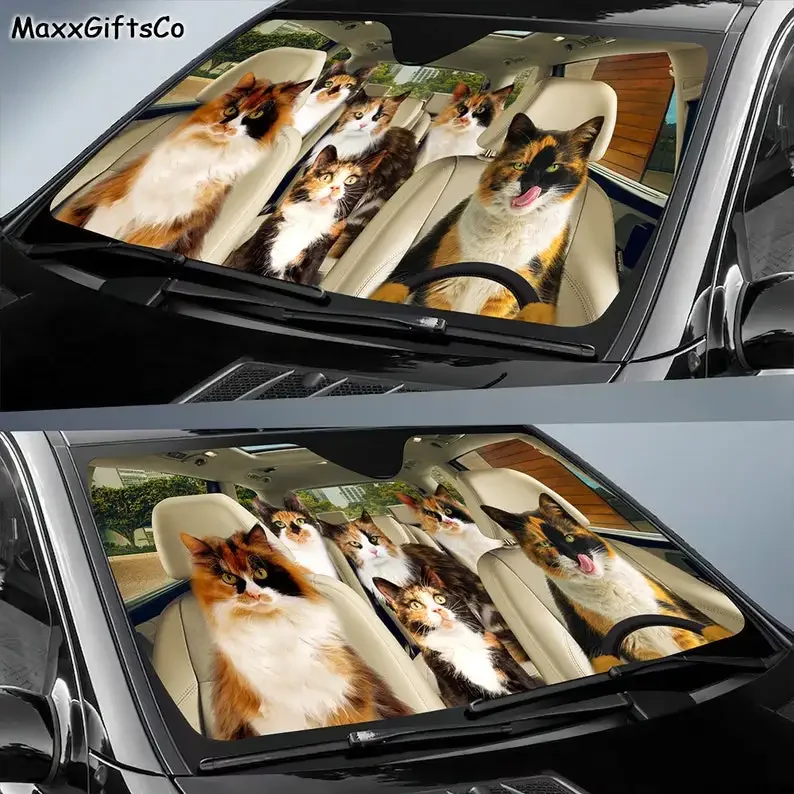 Calico Cat Car Sun Shade, Calico Cat Windshield, Cats Family Sunshade, Cat Car Accessories, Car Decoration, Gift For Dad, Mom