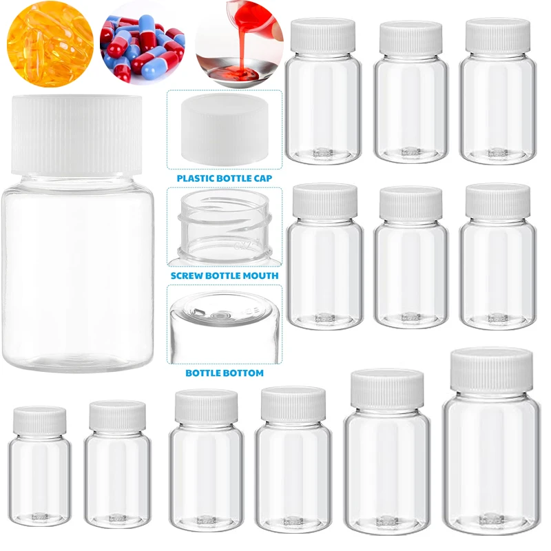 Garrafas de embalagem de reagente plástico, Garrafas PET Clear Seal, Pó sólido Medicina Pill Vial, 15 ml, 20 ml, 30 ml, 50 ml, 60 ml, 80 ml, 100ml, 10pcs