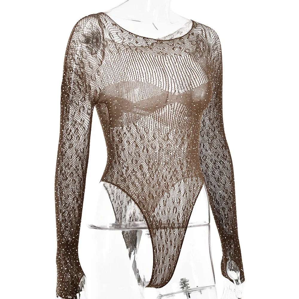 Damen Slim Fit Transparenter Langarm-Romper, Glänzender Strass-T-Shirt-Bodysuit, Party-Club-Overall mit Ausschnitten – Detail 6