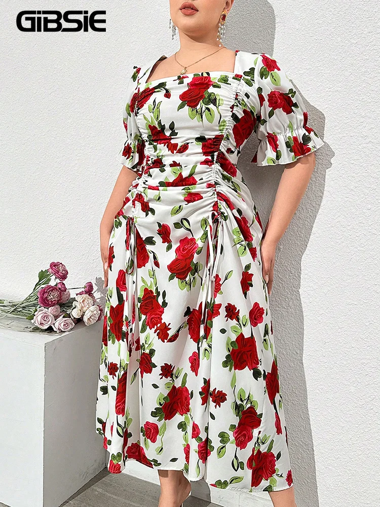 

GIBSIE Plus Size Square Neck Puff Sleeve A-Line Dress Women Summer French Vintage Floral Print Elegant Drawstring Long Dresses