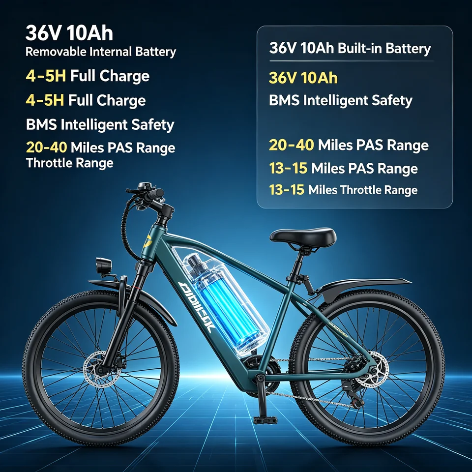 GT300‑24 Blue 24 Inch Adult Electric Bike 48V 23Ah Removable Lithium‑ion Battery Hydraulic Disc Brake Front Shock Absorber Smart LCD Display 3 Riding Modes City Commuter Mountain Ebike for Daily Travel Outdoor Recreation image 3