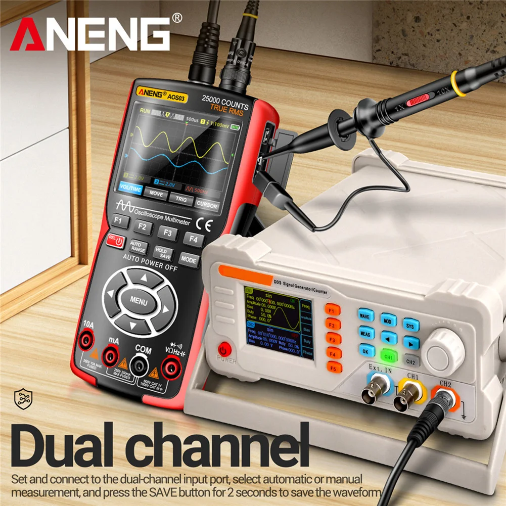 

AOS03 Oscilloscope Signal Generator 3in-1 Digital Multimeter Dual Channel 50MHz Bandwidth 280MS Sampling Rate PC Waveform Screen