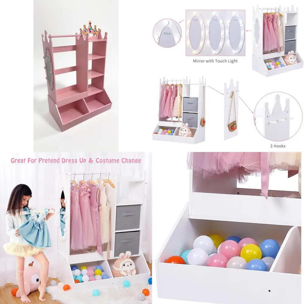 Guarda-Roupa Infantil Rosa com Espelho e Espaço para Pendurar Roupas para Quarto de Meninas ou Sala de Brincar