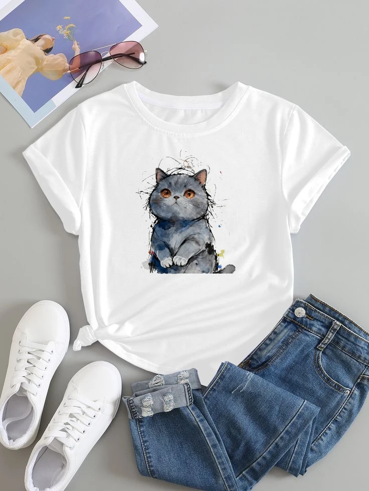 

Женский свободный хлопковый парный стиль с акварельным принтом серого кота, подходящий для весенней и летней одежды