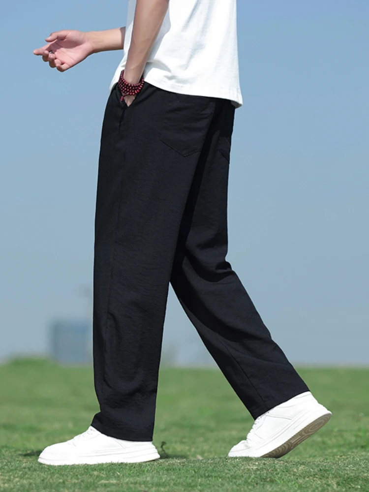 

Мужские летние тонкие повседневные брюки из хлопка и льна, дышащие, свободного кроя, с эффектом прохлады, модные, в городском стиле