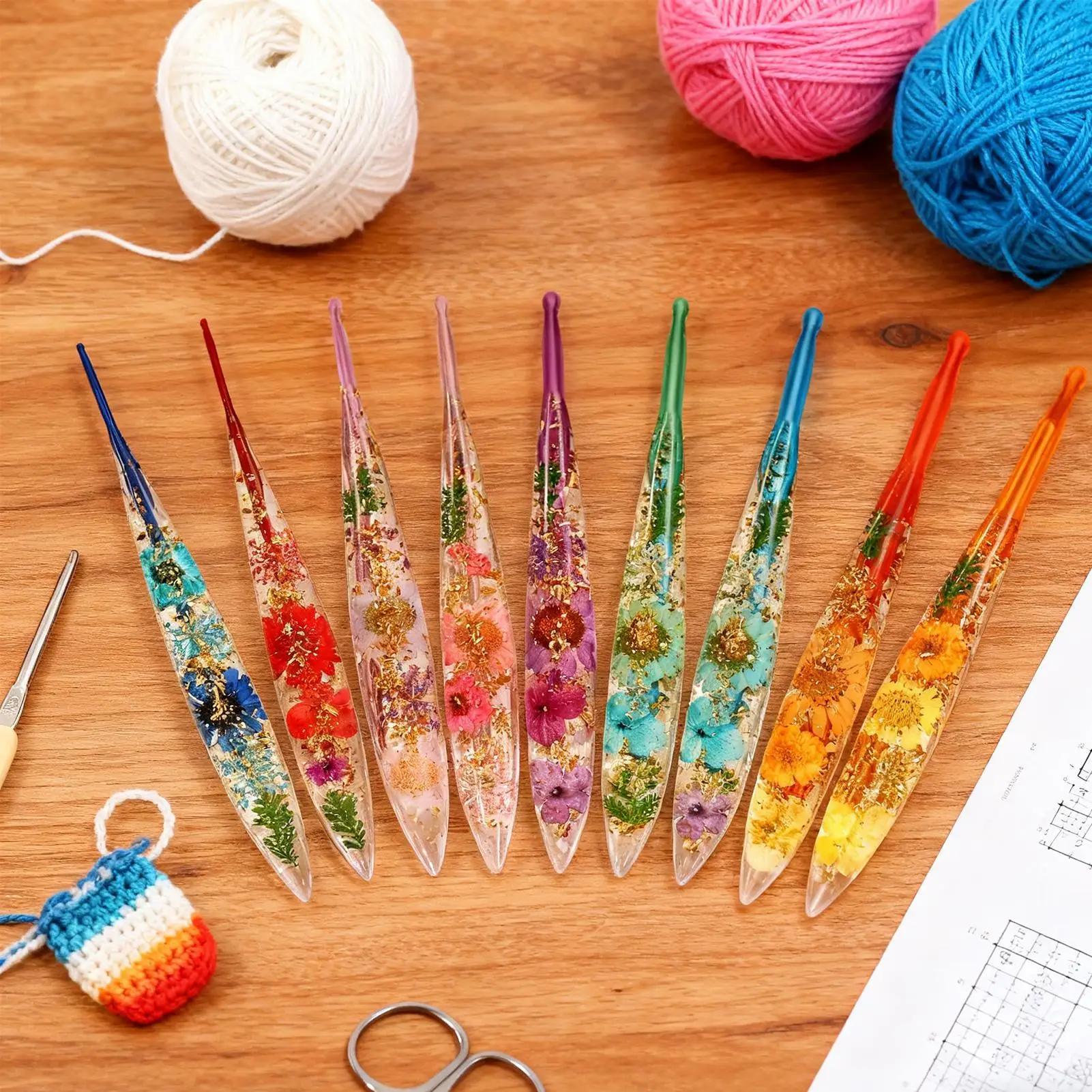 الراتنج الكروشيه السنانير مجموعة مريح أنيق الأزهار الحرفية الغزل نسج 9 قطع الحرفية الفن الغزل الكروشيه السنانير عدة ل بطانية دمية قبعة #3