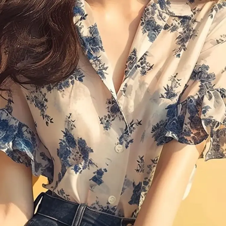 Short-sleeved shirt with flounced flowers for women's summer chic and beautiful design, French temperament and high-quality top.