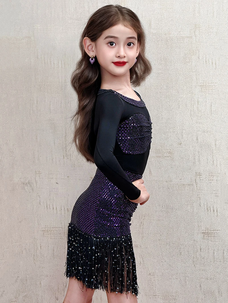 Costume de danse latine pour enfants filles, body brillant à manches longues et jupes à paillettes et pompons, ensemble de pratique de Performance Rumba Chacha