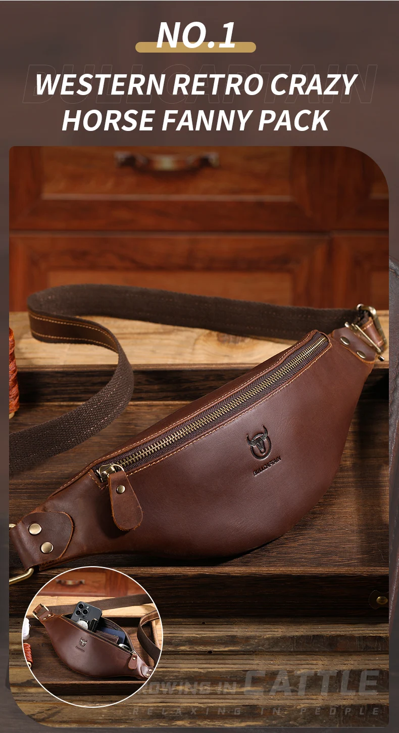 BULLCAPTAIN Herren-Gürteltasche aus Crazy Horse-Leder, klassische Retro-Umhängetasche, Aufbewahrung im Freien, Bergsteigen, Handytasche – Detail 2