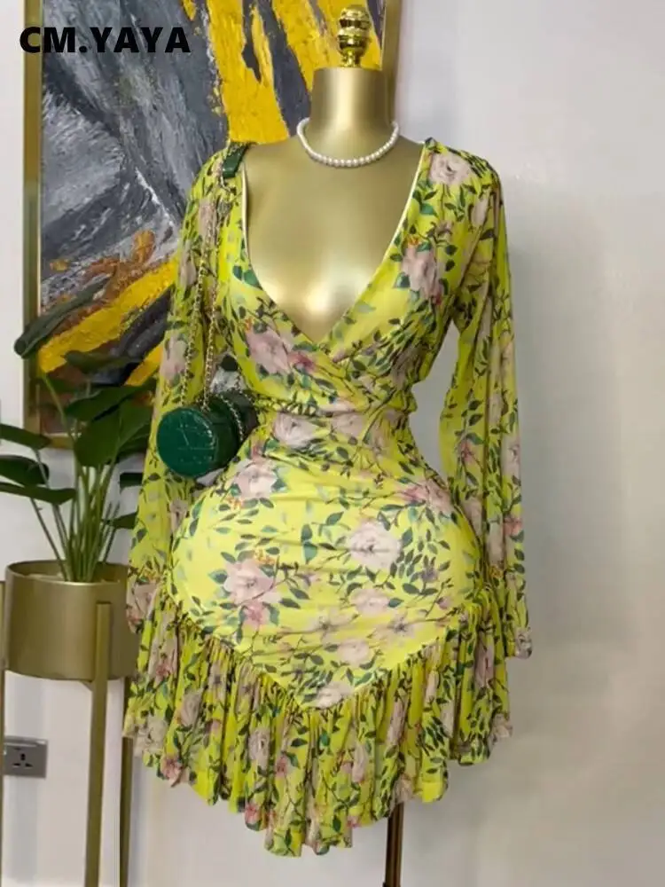 CM.YAYA المرأة الأزهار ملابس منقوشة بكم طويل الخامس الرقبة الكشكشة فستان قصير 2025 مساء مثير شاطئ حفلة عيد ميلاد الشارع فساتين