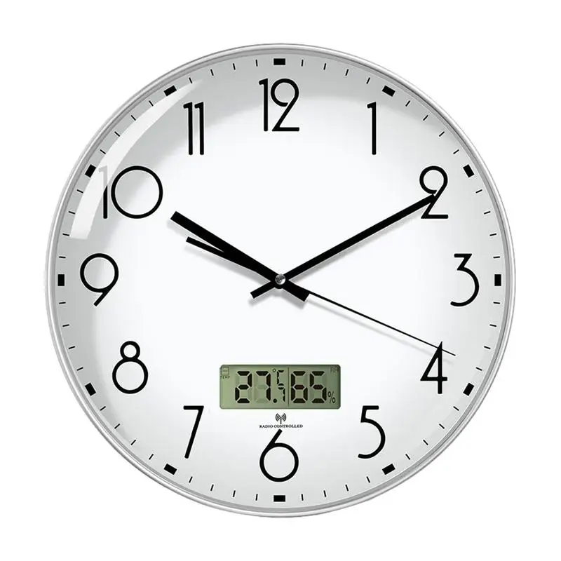 Battery Wall Clock Non Ticking Battery Operated Kitchen Clock 12Inch LCD Display Silver Wall Clock With Temperature And Humidity