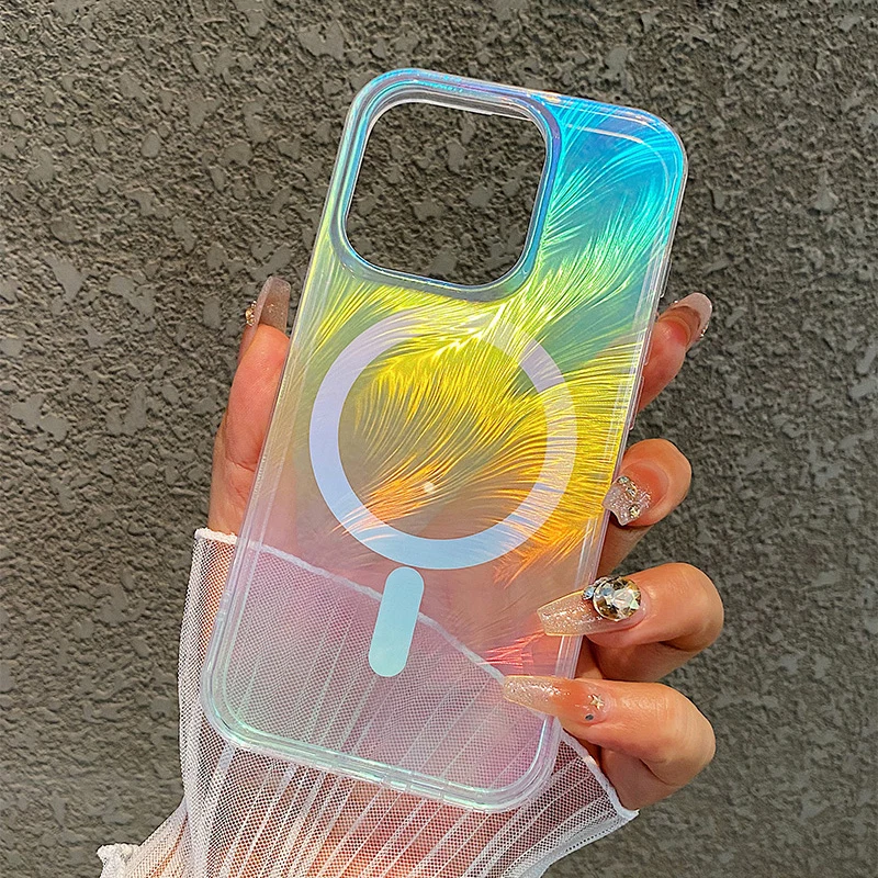 

Colorful Gradient Laser Clear MagSafe Phone Case for iPhone 16 16pro max 14 15 Pro 13 12 Magnetic Wireless Charging Armor Cover