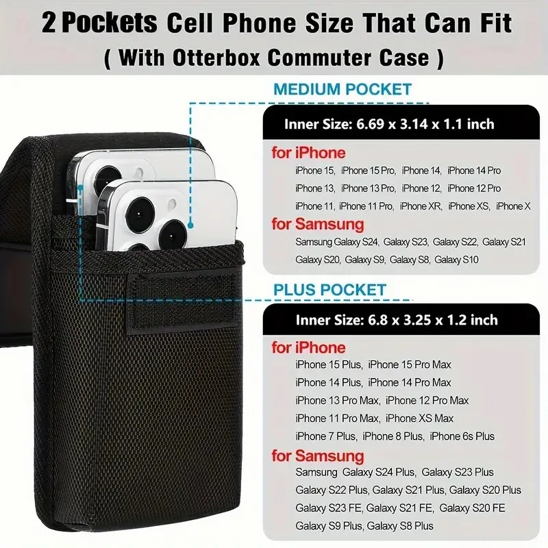 Custodia da cintura per cellulare con doppia tasca in nylon da uomo - Custodia resistente per cellulare da esterno