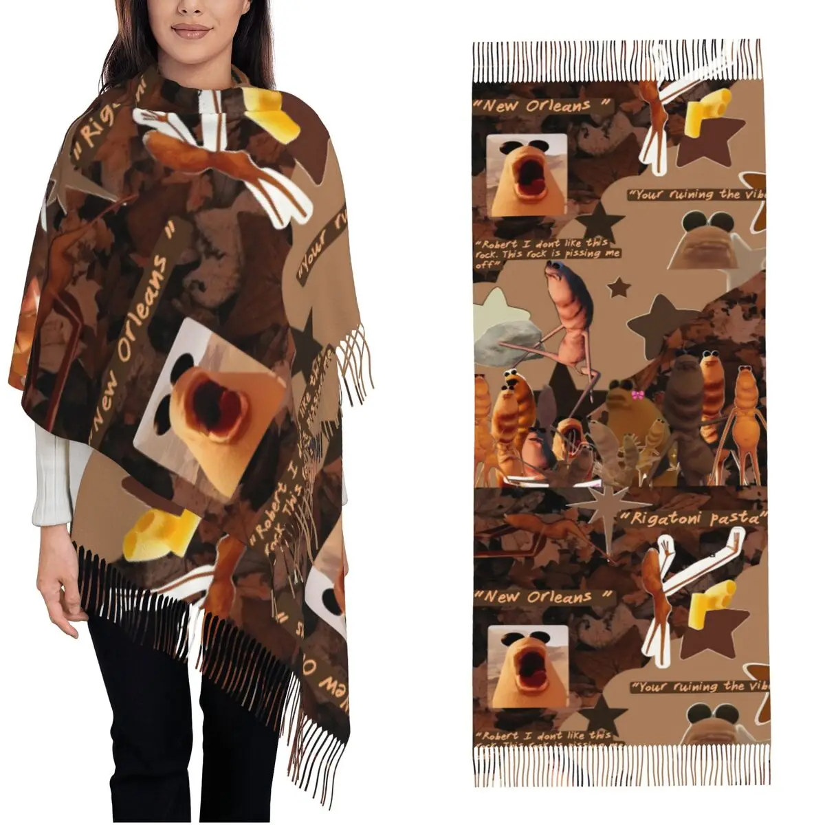 

Женский шарф с кисточками Marcus The Worm, забавный мем, большая зимне-осенняя шаль, повседневная одежда, шарфы из пашмины