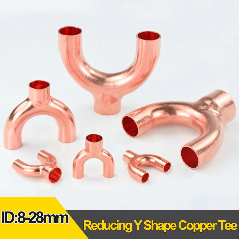 8-28.8mm ID Reducing Y Type Copper Tee Thickened Welded Flared 3 Way Heat Exchanger Tank Pipe Fitting Refrigeration HVAC