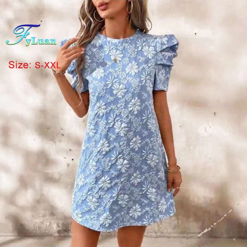 Sommer Retro Stil frauen Kleid Rundhals Blase Hülse Jacquard Textur Schlank Mini Kleid Mode Bankett Elegante Süße Kleid