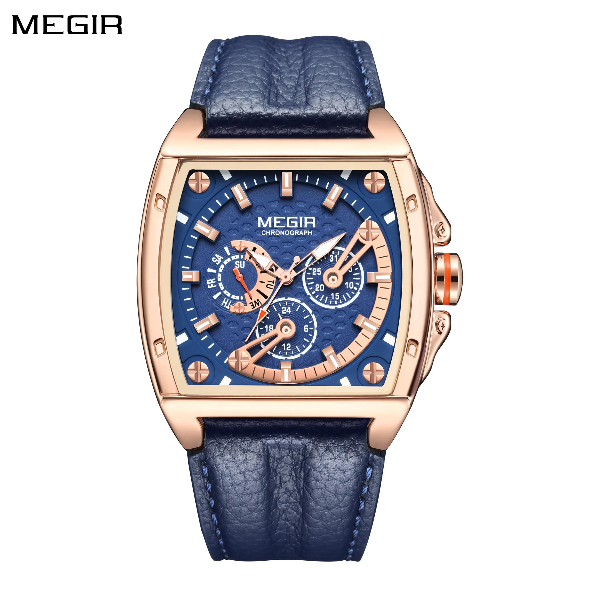 MEGIR Luxury Brand Watches Chronograph for Men Leather Band Large Dial Quartz Sport Wristwatch Week 24-hour Display Reloj Hombre