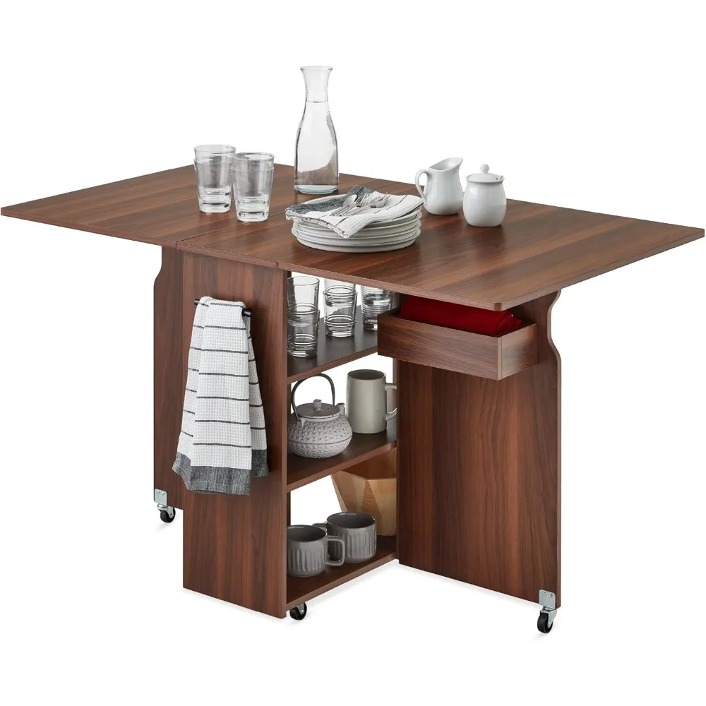 

Folding Dining Table, Multipurpose Space Saving Collapsible Drop Leaf Extension Desk w/Wheels, 3 Storage Shelves