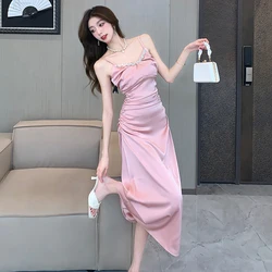 Women's Summer Elegant Spaghetti Strap Midi Dress Solid Casual Party Sling Vestidos Female Fashion Backless Clothes