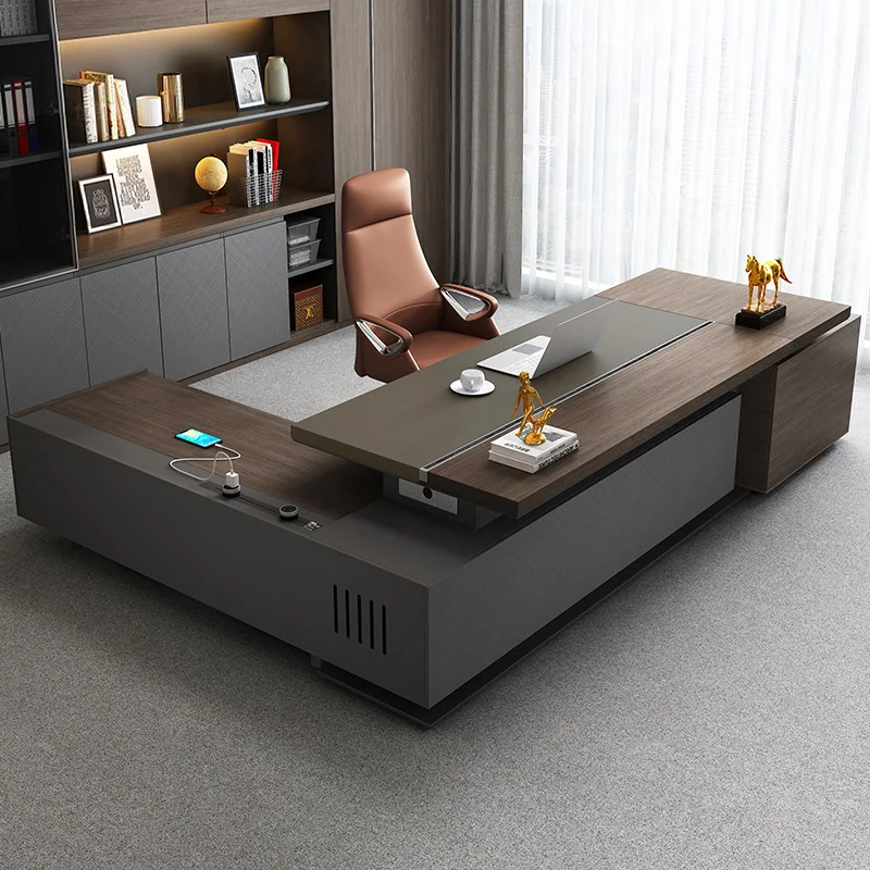 Modern Extendable L-Shaped Executive Desk For Manager CEO Office With File Cabinets And Bookshelf Made Of Melamine Board