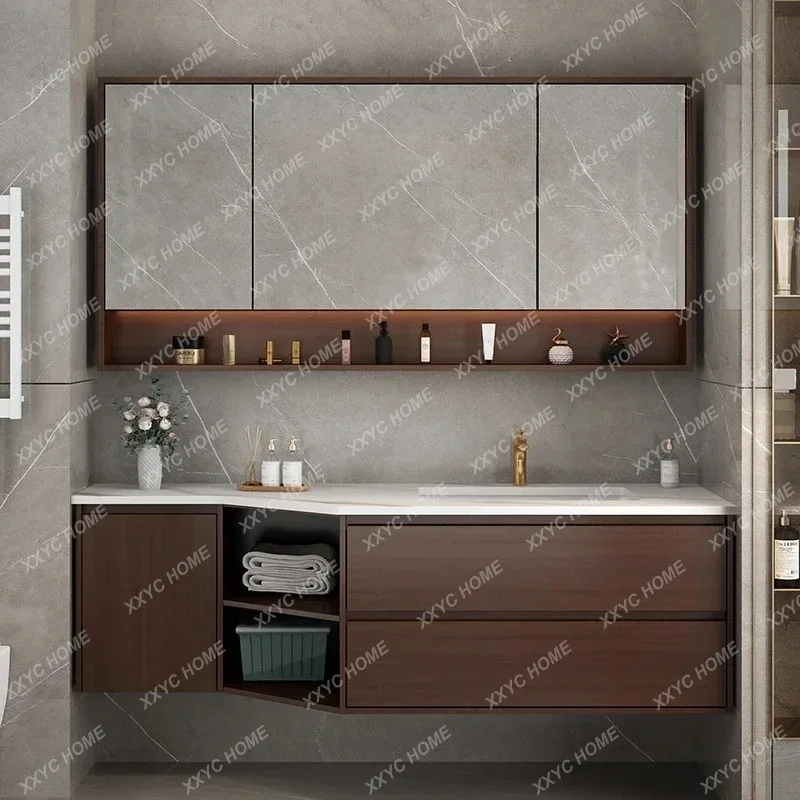 

New Chinese bathroom cabinet, rock slab oak combination special-shaped corner-cut bathroom washbasin cabinet