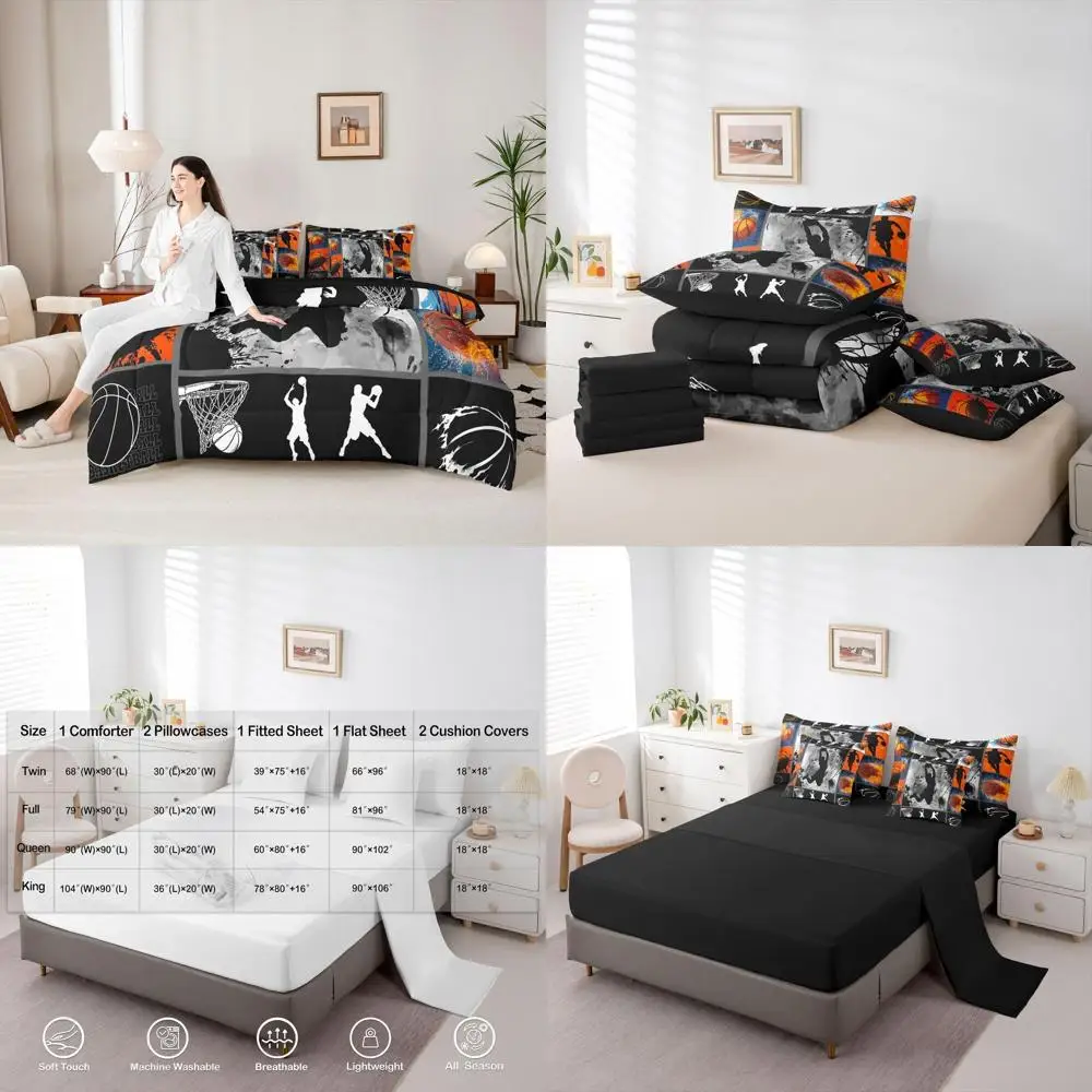 

7-Piece Basketball Themed Comforter Set with Sheets | Boys Watercolor Art Tie Dye Bedding | Sporty Game Room Decor
