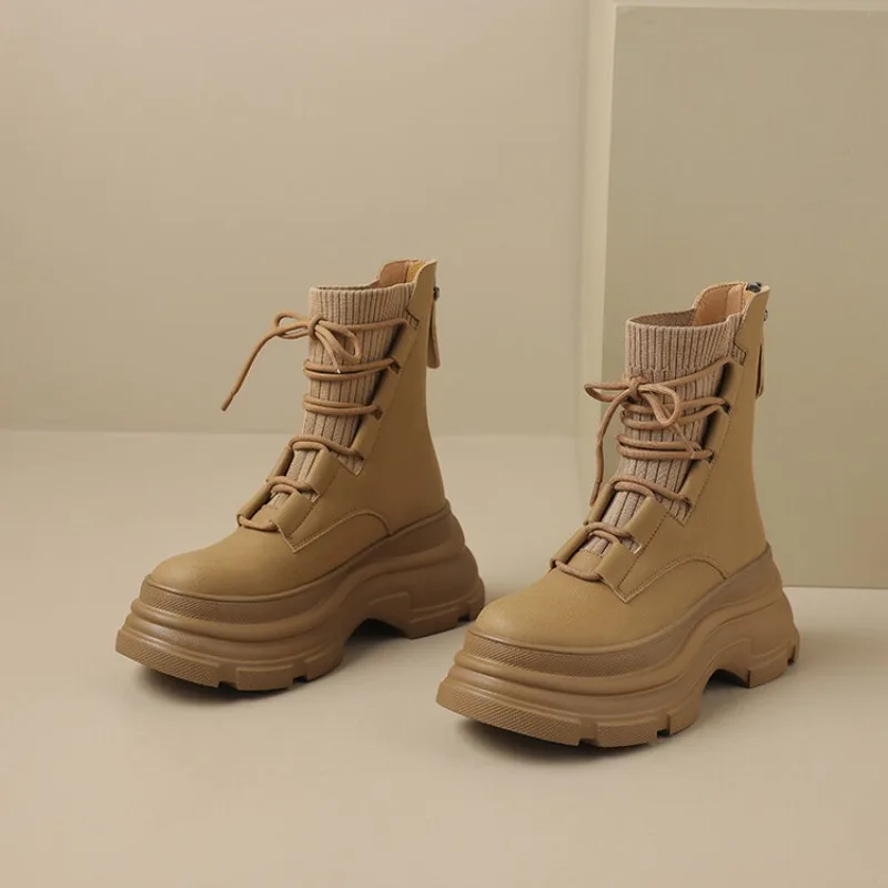 NEW Designer Women High Platform Gothic Leather Punk Shoes Female Ankle Short Combat Boots Wedge Heels Chunky Motorcycle Boot - view 4