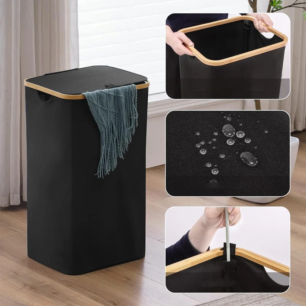 Cesto portaoggetti da 100L, ideale per spazi ristretti, per riporre i vestiti sporchi. Realizzato in tessuto Oxford 600D, con coperchio, cinghia, sacchetto interno in rete rimovibile e manico. Adatto
