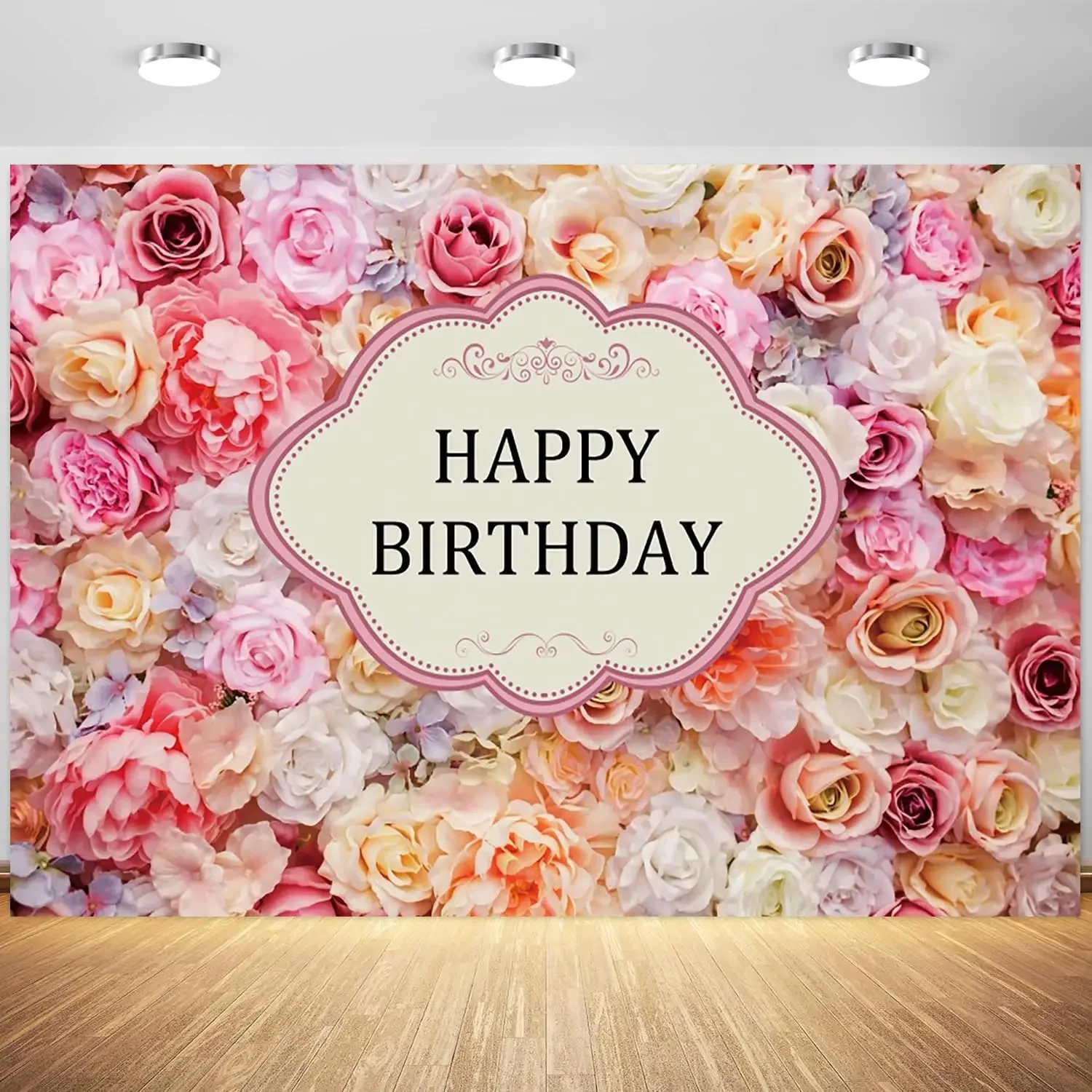 

Rose Blossom Pink Flower Happy Birthday for Girls princess Women Party Banner photo background photography backdrop