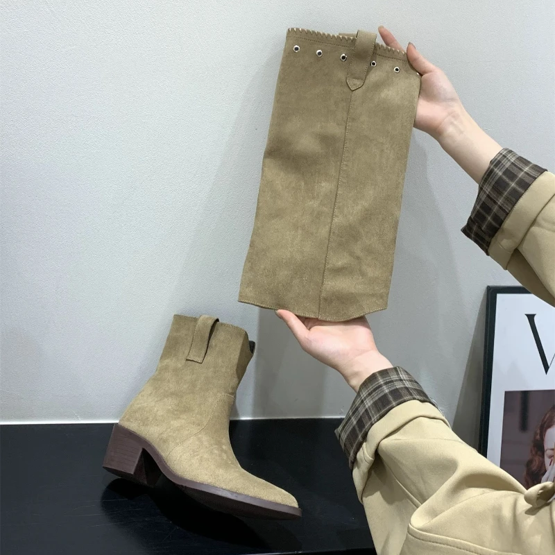 

Коричневые замшевые рыцарские сапоги Maillard на высоком каблуке с острым носком, 35–42, женские сапоги, осень-зима 2021, тонкие сапоги в стиле вестерн