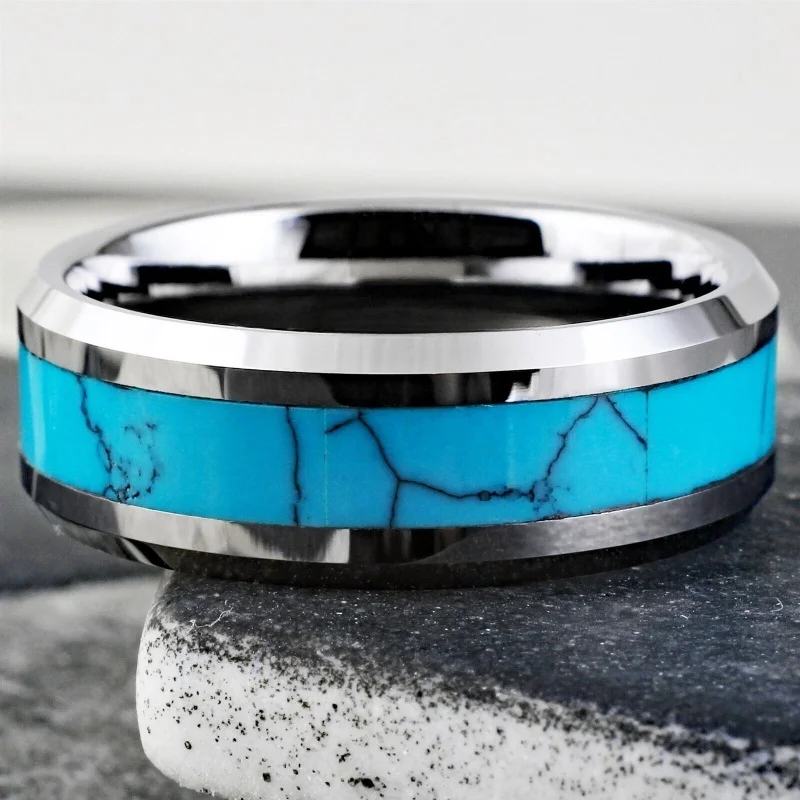 Personalized Engraved Tungsten Carbide Men's Turquoise Wedding Band Ring