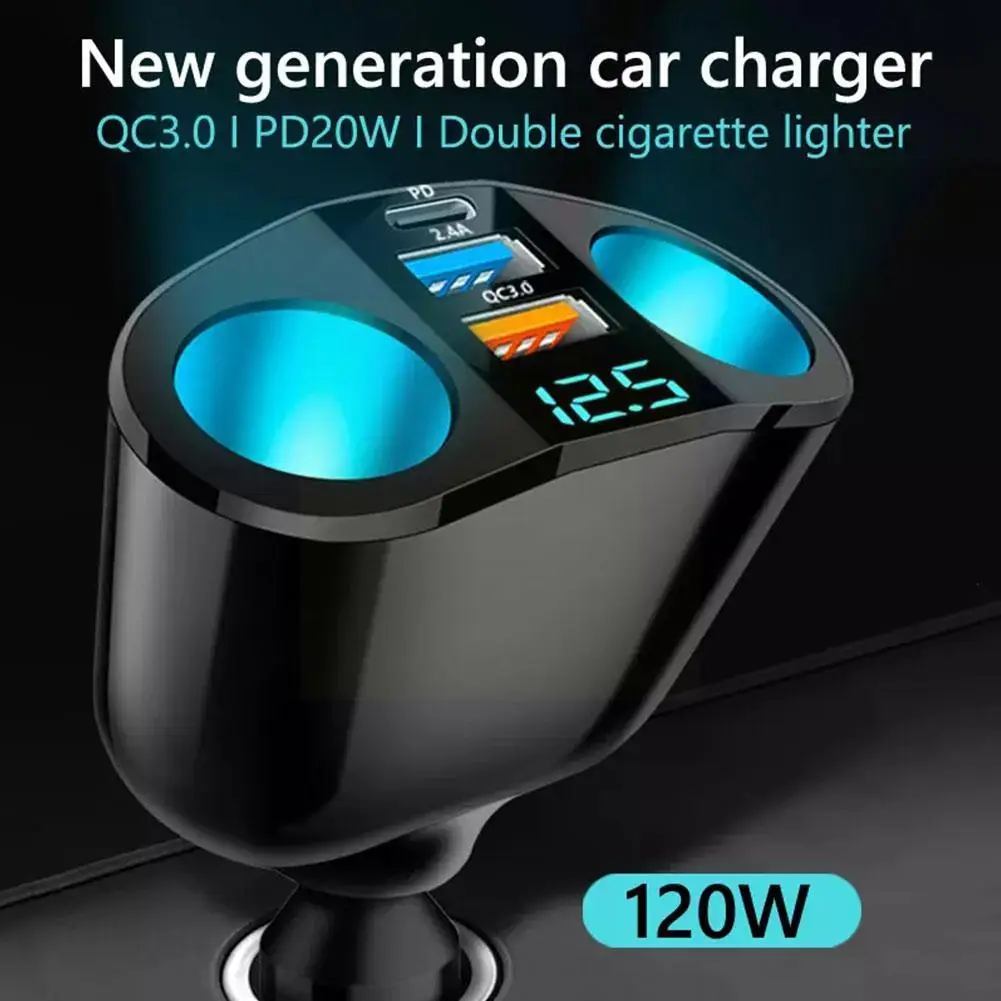 usb car cigarette lighter 24v Car Cigarette Lighter 12V-24V Socket Splitter Blue Atmosphere Light PD  QC3.0 2 USB Charger C Ports For Mobile Phone DVR Chargers