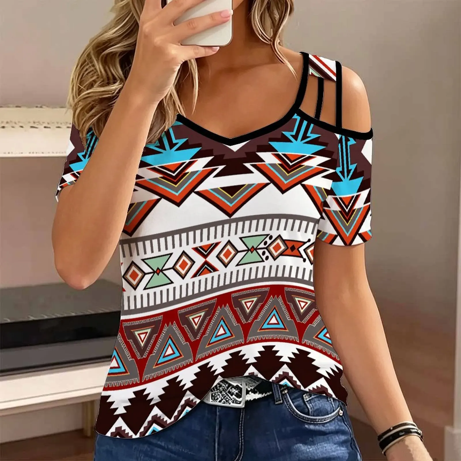 Plus Size Summer Ladies  Slim  Print Cold Shoulder V Neck T-shirt  Fashion Casual Women’s Top Commuting Vacation Beach Outfits