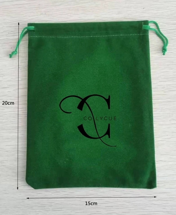 

100 Pieces Customised Logo 15x20cm Green Velvet Bags Drawstring Gift Pouches Screen Printed With Black Logo And Express Shipping