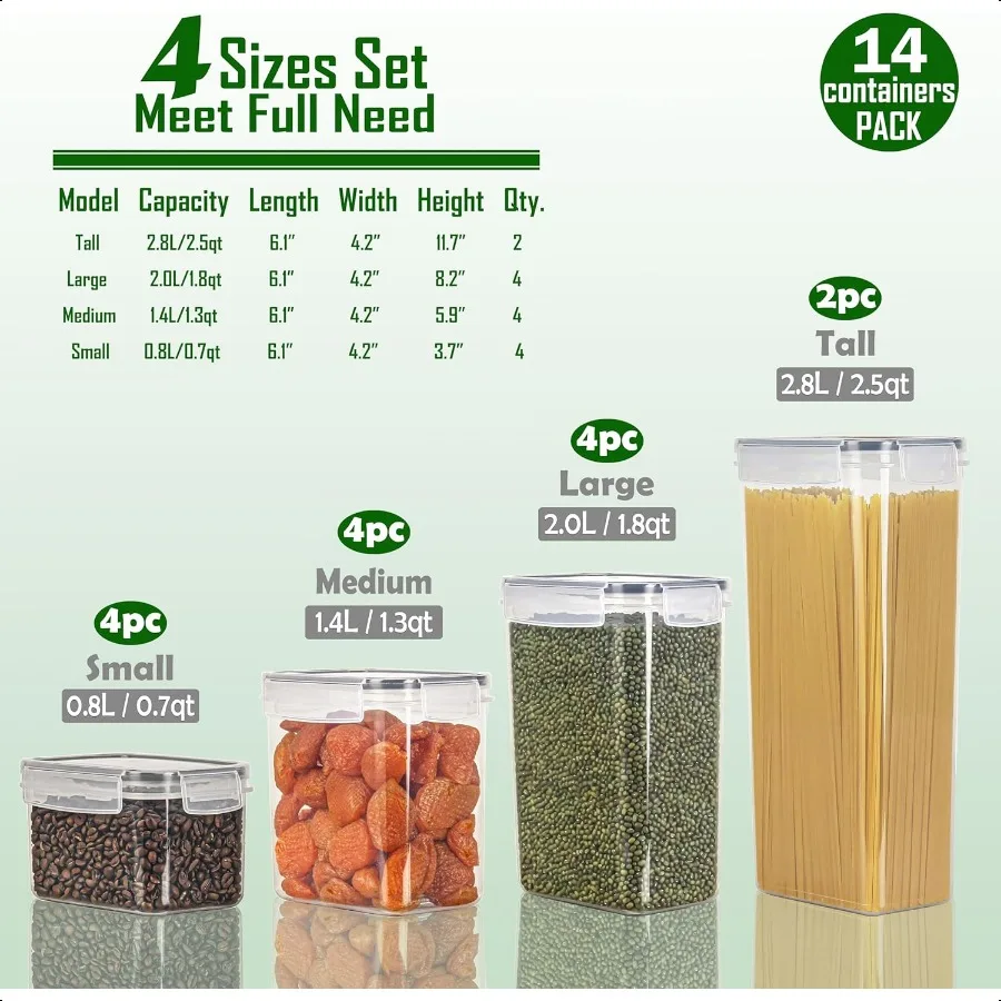 Recipientes herméticos de armazenamento de alimentos com tampas, conjunto de 14 organizadores de despensa de cozinha e armazenamento para cereais, farinha, açúcar, macarrão, lanche