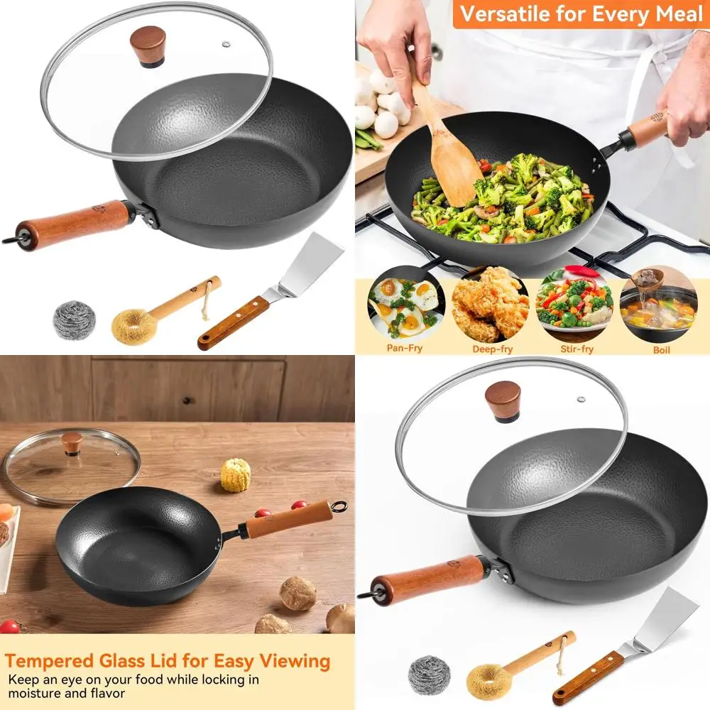 

Чугунная сковорода без покрытия со стеклянной крышкой и лопаткой для сковороды, сковорода с плоским дном, индукционная совместима, деревянная ручка, R