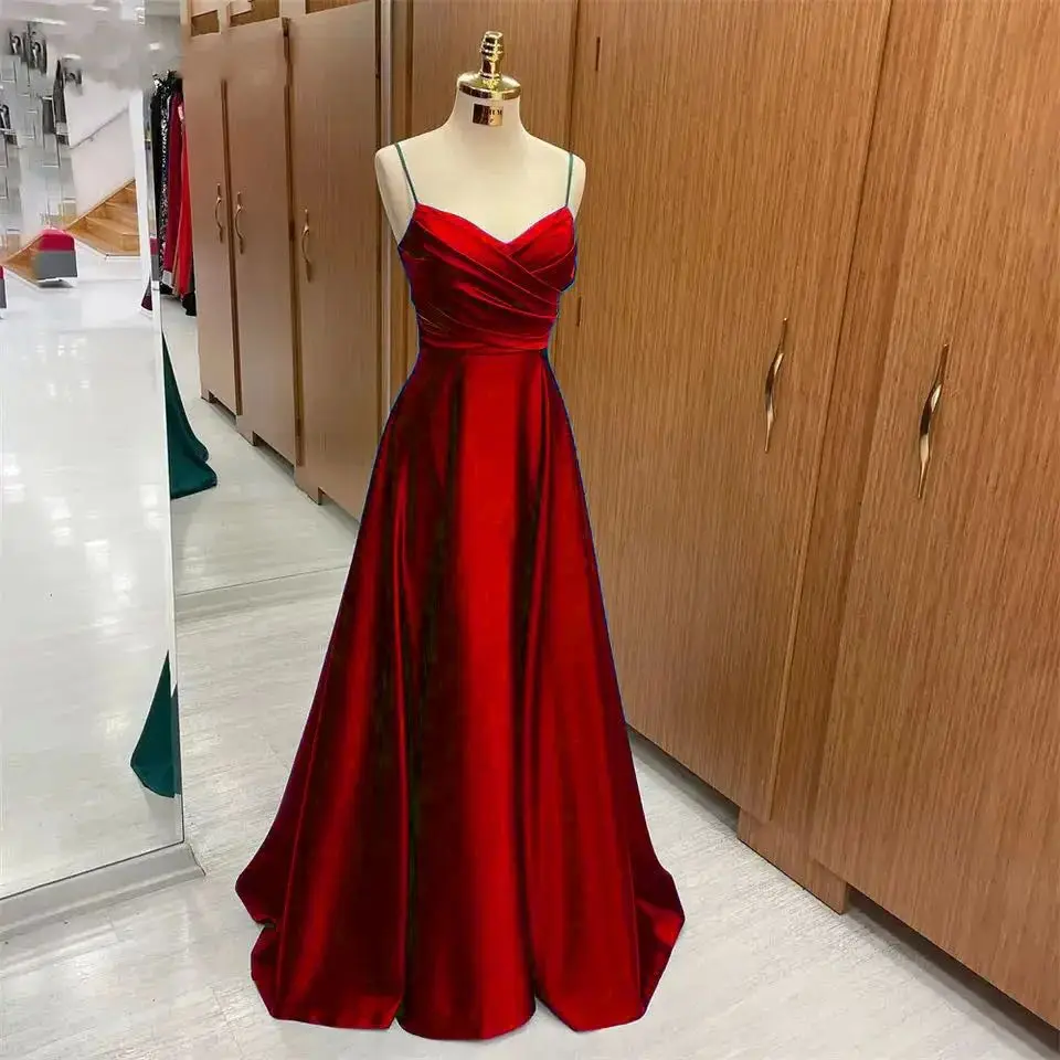 Abito da damigella d'onore in raso con scollo a V, spalline sottili, drappeggiato, linea ad A, lunghezza al pavimento, per serate formali, balli di fine anno, matrimoni e feste - Vestido De Festa