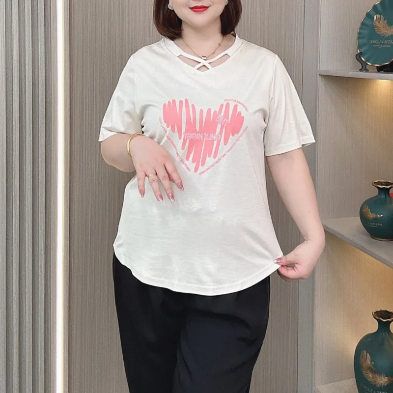 Camiseta feminina de manga curta com decote em v, tops casuais finos, soltos, plus size, verão, nova, 2024