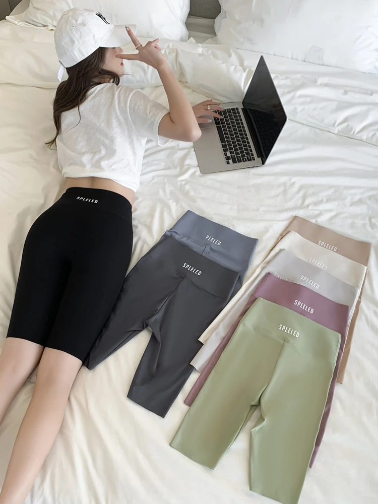 Slimming High-Waist Yoga Pants Women's Summer Thin Five-Quarter Sharkskin Fitness Cycling Breathable Anti-UV Tummy Control Bu...