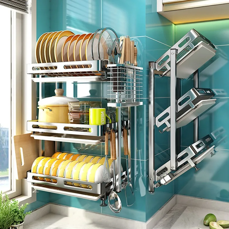 304 Stainless Steel Wall Mount Dish Rack Foldable Kitchen Shelf No Drill Hanging Drying Rack for Bowls